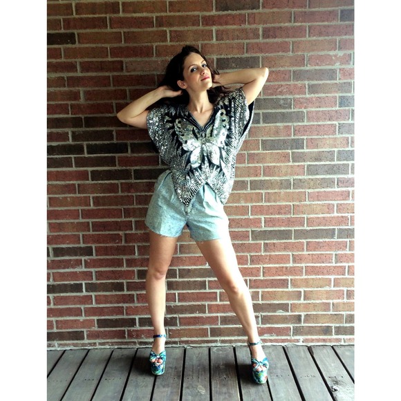 vintage 70s BUTTERFLY SEQUIN silk party statement top cocktail avant garde - Picture 2 of 10